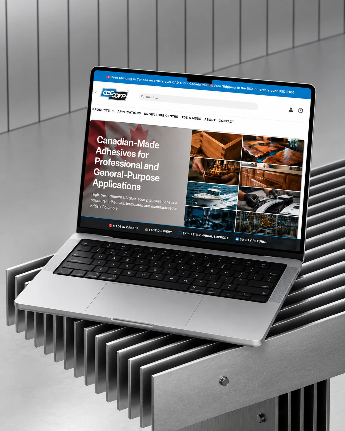 CECCORP industrial adhesives Shopify homepage on a laptop, on ribbed metal