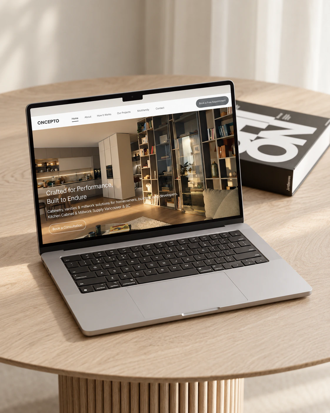 Concepto Interiors homepage on a laptop: Crafted for Performance, Built to Endure hero